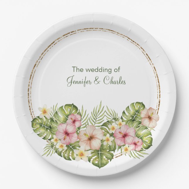 Tropical Hawaiian Flowers Wedding    Paper Plates (Front)
