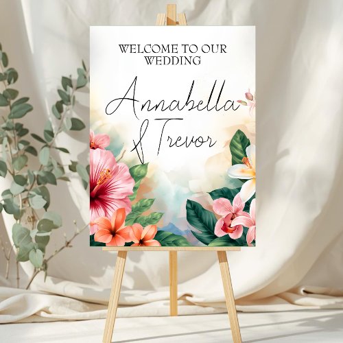 Tropical Hawaiian Flowers Wedding Welcome Sign