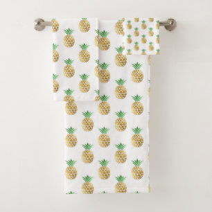 Tropical Hawaiian Gold Foil Pineapple Pattern Bath Towel Set