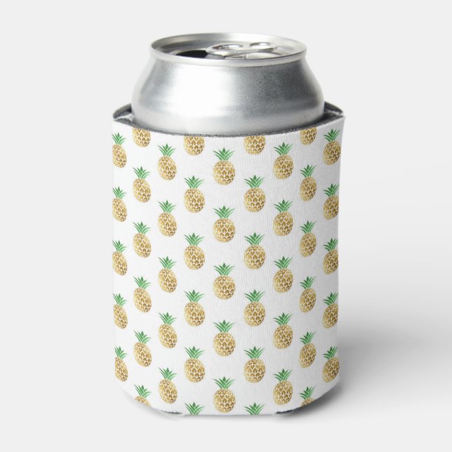 Tropical Hawaiian Gold Foil Pineapple Pattern Can Cooler (Can Front)