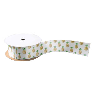 Tropical Hawaiian Gold Foil Pineapple Pattern Satin Ribbon