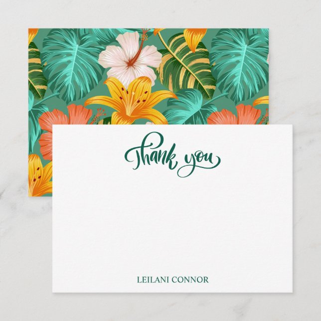 Tropical Hawaiian Green Exotic Floral Thank You Card (Front/Back)