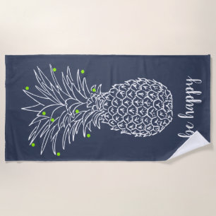 Tropical Hawaiian Hand-Drawn Pineapple Be Happy Beach Towel