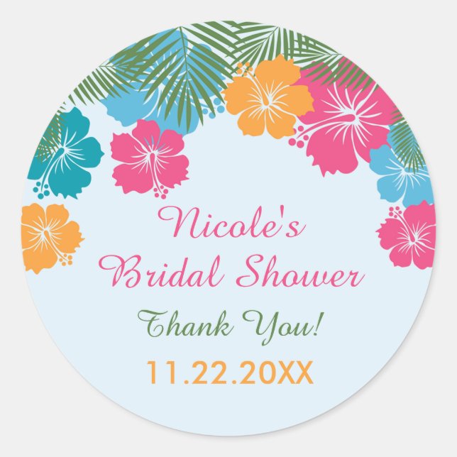 Tropical Hawaiian Hibiscus Bridal Shower Sticker (Front)