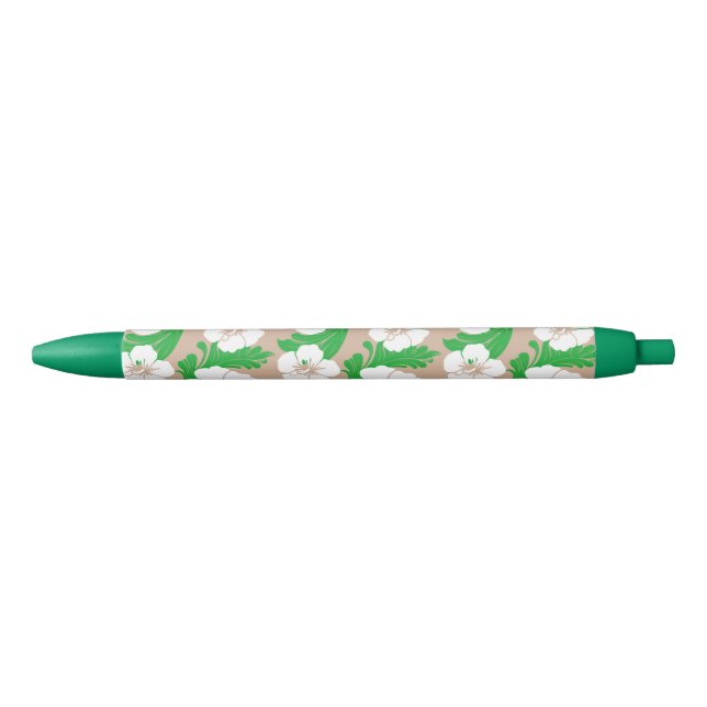 Tropical Hawaiian Hibiscus Floral Khaki Beige Pen (Front)