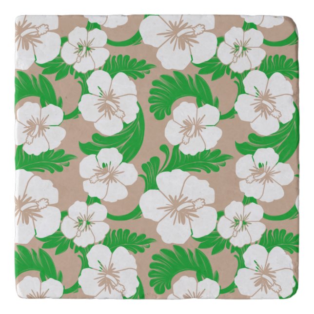 Tropical Hawaiian Hibiscus Floral Khaki Beige Trivet (Front)