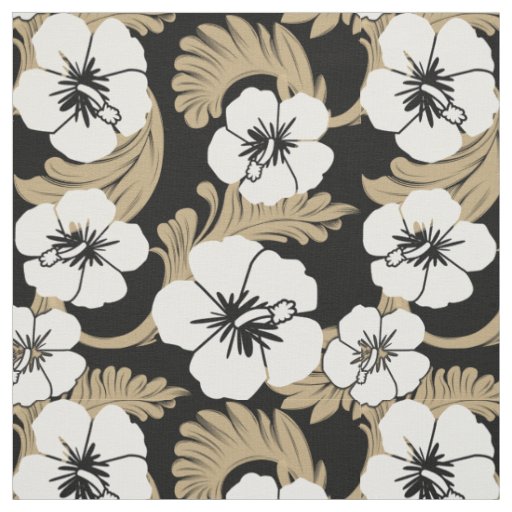 Tropical Hawaiian Hibiscus Floral Khaki Black Fabric