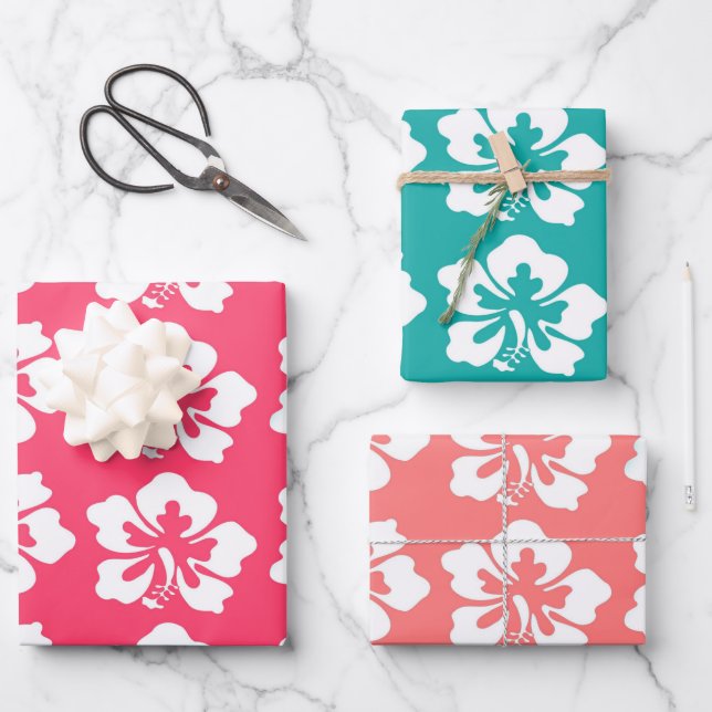 Tropical Hawaiian Hibiscus Flowers Wrapping Paper Sheets (Front)