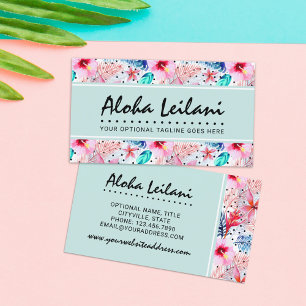 Tropical Hawaiian Hibiscus & Palm Leaf Watercolor Business Card