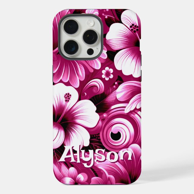 Tropical Hawaiian Hibiscus Pink White Personalized iPhone Case (Back)