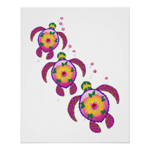 Tropical Hawaiian Honu Turtles Poster