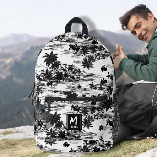 Tropical Hawaiian Island Black  White Monogram  Printed Backpack