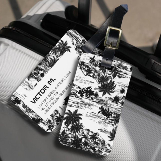 Tropical Hawaiian Island Black White Personalized Luggage Tag (The modern custom luggage tag design with tropical theme in black and white color tones.)