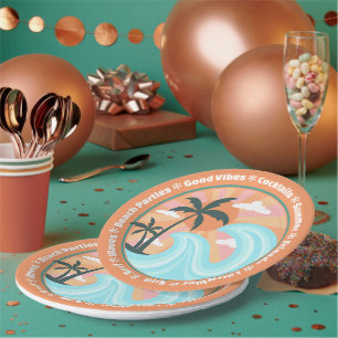 Tropical Hawaiian Island Palm Trees Good Vibes Paper Plates