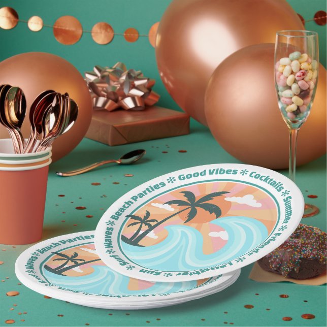 Tropical Hawaiian Island Palm Trees Good Vibes Paper Plates (Multi)