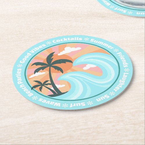 Tropical Hawaiian Island Palm Trees Good Vibes Round Paper Coaster