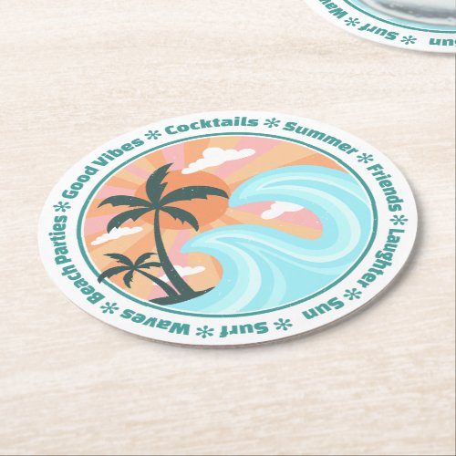 Tropical Hawaiian Island Palm Trees Good Vibes Round Paper Coaster