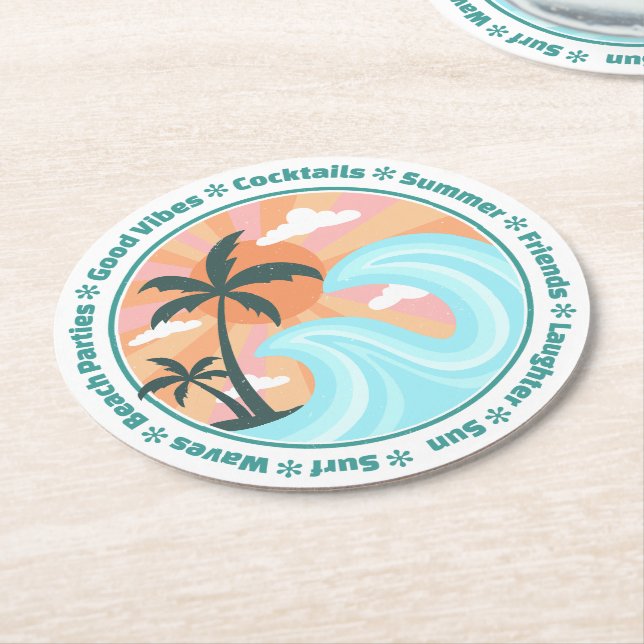Tropical Hawaiian Island Palm Trees Good Vibes Round Paper Coaster (Angled)