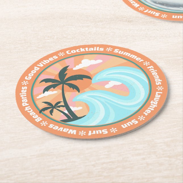 Tropical Hawaiian Island Palm Trees Good Vibes Round Paper Coaster (Angled)