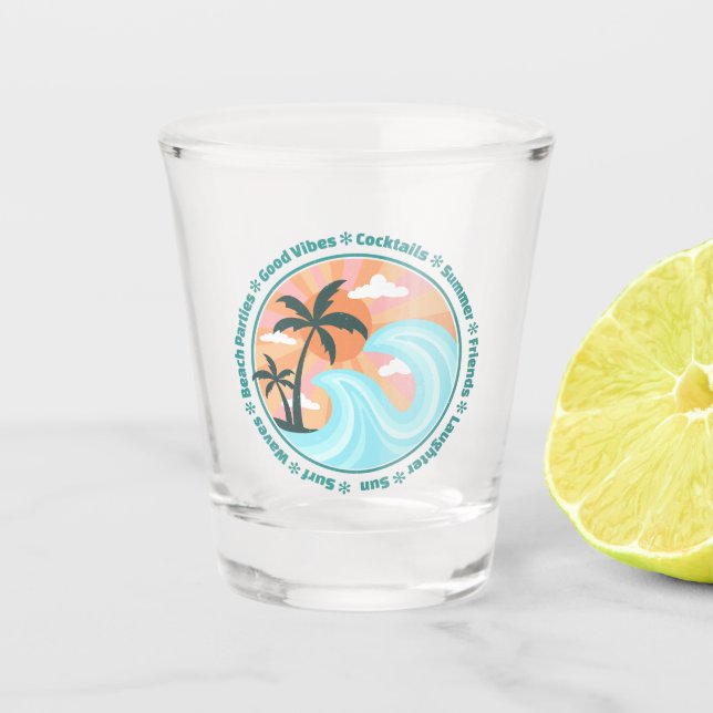 Tropical Hawaiian Island Palm Trees Good Vibes Shot Glass (Front)