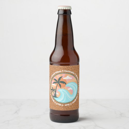 Tropical Hawaiian Island Palm Trees On Faux Cork Beer Bottle Label