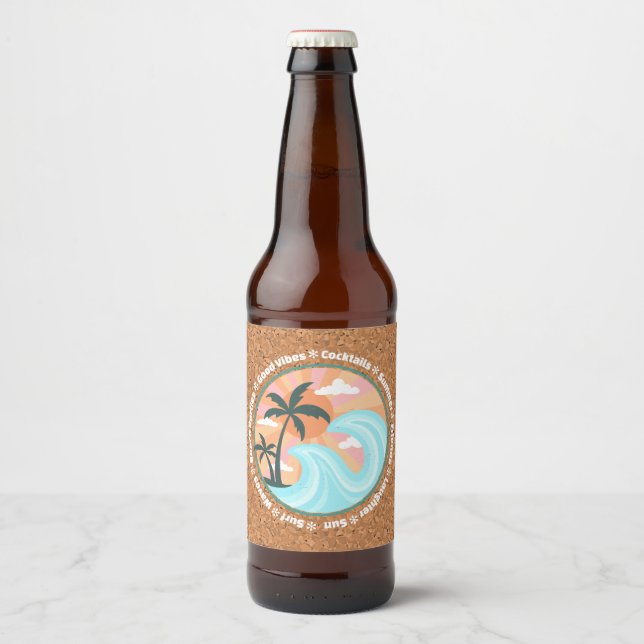 Tropical Hawaiian Island Palm Trees On Faux Cork Beer Bottle Label (Front)