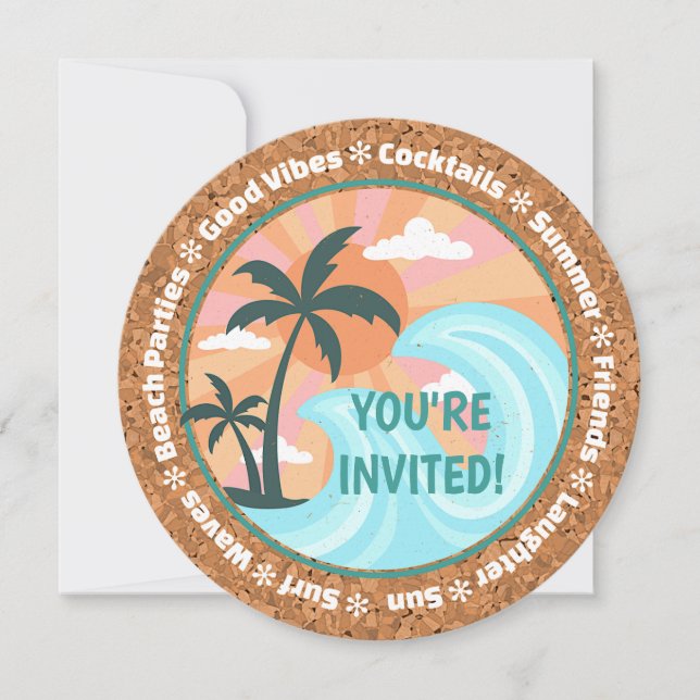 Tropical Hawaiian Island Palm Trees On Faux Cork Invitation (Front)