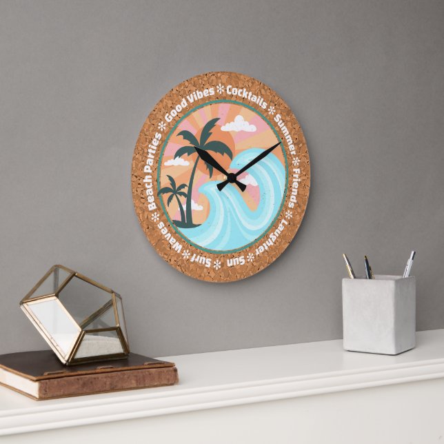 Tropical Hawaiian Island Palm Trees On Faux Cork Large Clock (Office)