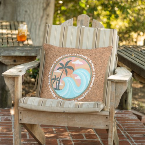 Tropical Hawaiian Island Palm Trees On Faux Cork Outdoor Pillow