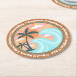 Tropical Hawaiian Island Palm Trees On Faux Cork Round Paper Coaster<br><div class="desc">Simple classic cork textured looking beverage coaster with fun colorful retro Illustration image of green palm trees, blue waves, orange sun, and yellow and pink sunrays. Surrounded by words related to summertimes... Waves, Beach Parties, Good Vibes, Cocktails, Summer, Friends, Laughter, Sun and Surf. Really cool beverage coaster for use during...</div>