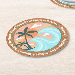 Tropical Hawaiian Island Palm Trees On Faux Cork Round Paper Coaster