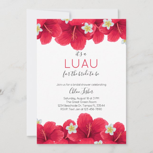 Tropical Hawaiian Luau Bridal Shower, Red Invitation (Front)