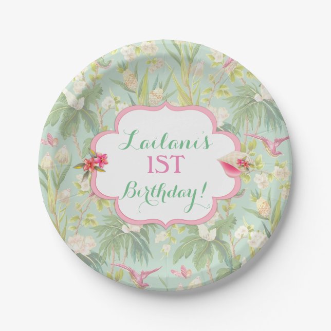 Tropical Hawaiian Luau Hibiscus Flowers Paper Plates (Front)