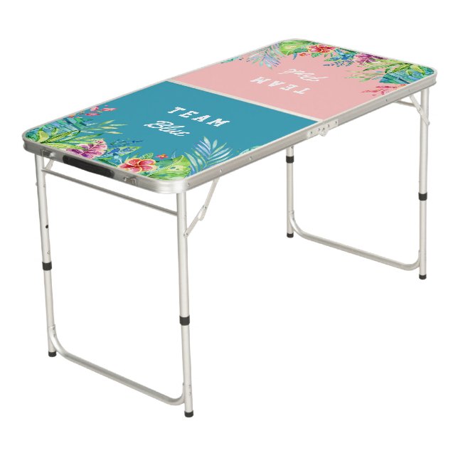 Tropical Hawaiian Luau Pink Blue Gender Reveal Beer Pong Table (Angled)
