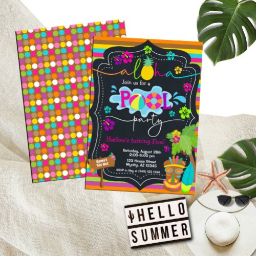 Tropical Hawaiian Luau Pool Party Kids Birthday Invitation