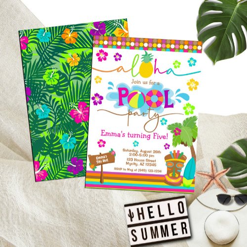 Tropical Hawaiian Luau Pool Party Kids Birthday Invitation