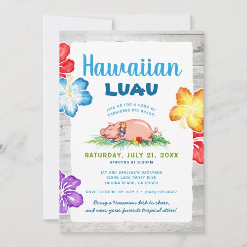 Tropical Hawaiian Luau  Rustic Floral Pig Roast Invitation