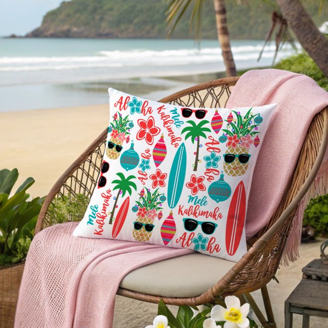 Tropical Hawaiian Mele Kalikimaka Christmas Throw Pillow (Creator Uploaded)