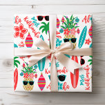 Tropical Hawaiian Mele Kalikimaka Christmas Wrapping Paper<br><div class="desc">Tropical Christmas wrapping paper features a pattern of surfboards,  palm trees with string lights,  decorated pineapples,  hibiscus flowers,  sunglasses,  ornaments and the Hawaiian greetings "Mele Kalikimaka" and "Aloha". Perfect for beach,  coastal,  island and surfing themes. Original artwork KL Stock.</div>