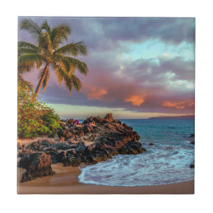 Tropical Hawaiian Palm Tree Sandy Beach Paradise Ceramic Tile