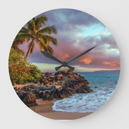 Tropical Hawaiian Palm Tree Sandy Beach Paradise Large Clock