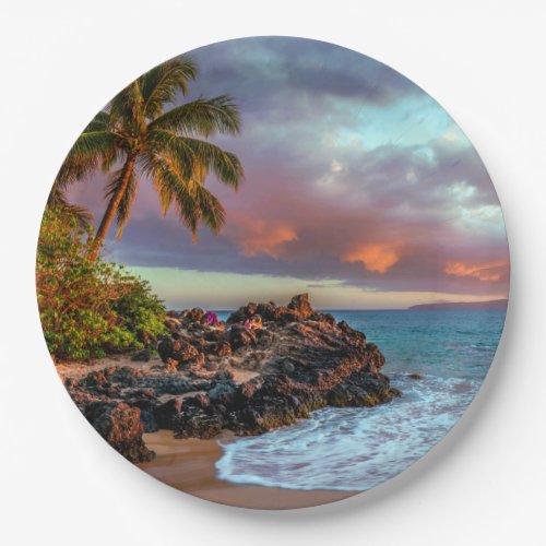 Tropical Hawaiian Palm Tree Sandy Beach Paradise Paper Plates