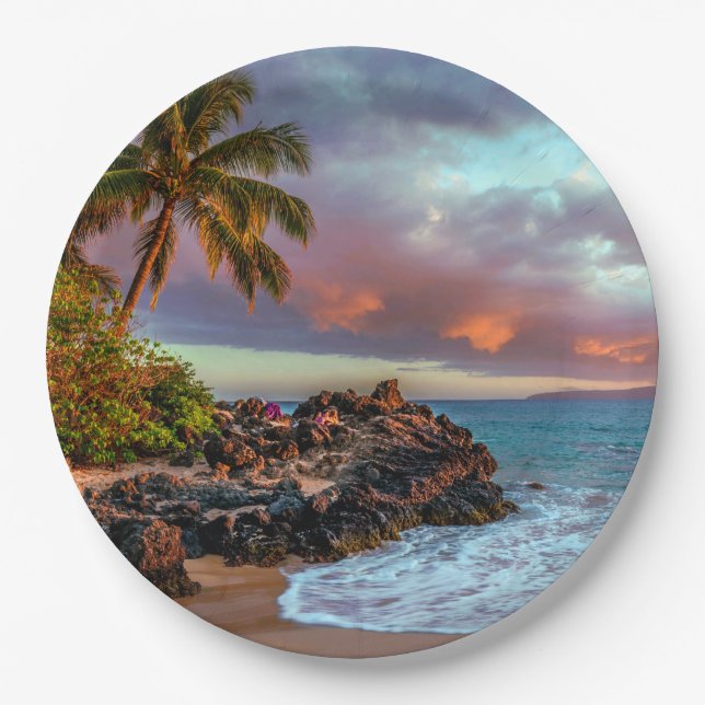 Tropical Hawaiian Palm Tree Sandy Beach Paradise Paper Plates (Front)