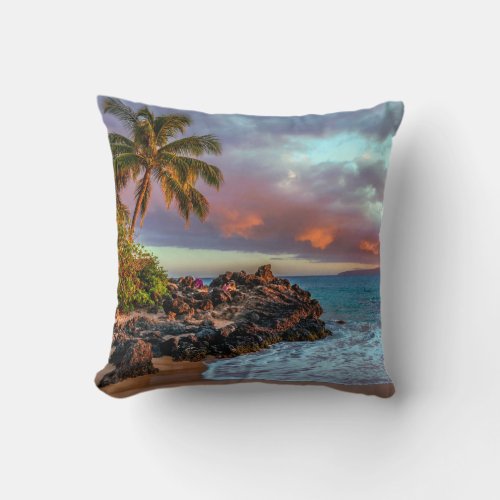 Tropical Hawaiian Palm Tree Sandy Beach Paradise Throw Pillow