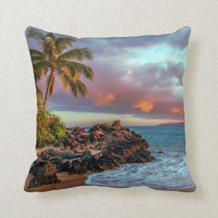 Tropical Hawaiian Palm Tree Sandy Beach Paradise Throw Pillow