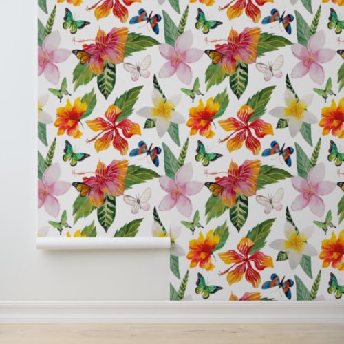 TropicalHawaiian Pattern w Floral  Butterflies Wallpaper