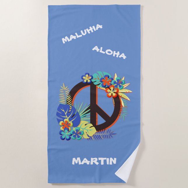 Tropical Hawaiian Peace Love Name Colorful Blue Beach Towel (Front)