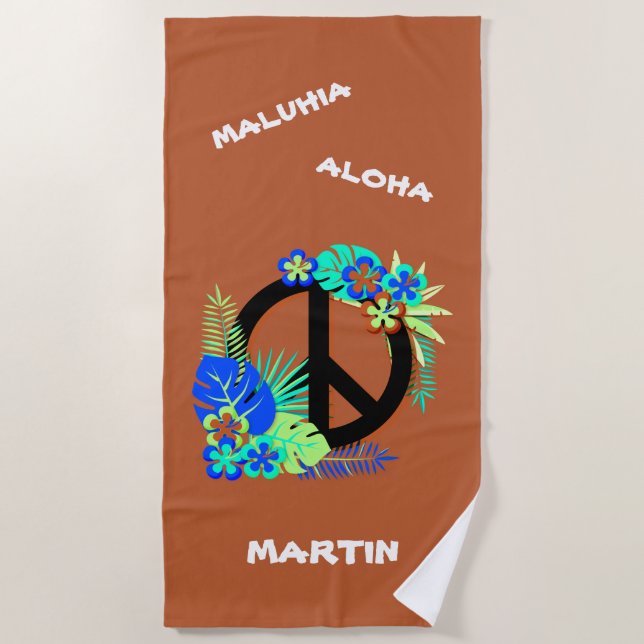 Tropical Hawaiian Peace Love Name Colorful Island Beach Towel (Front)