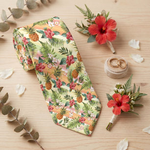Tropical Hawaiian Pineapple Fruit Floral Pattern Tie