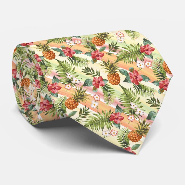 Tropical Hawaiian Pineapple Fruit Floral Pattern Tie (Rolled)